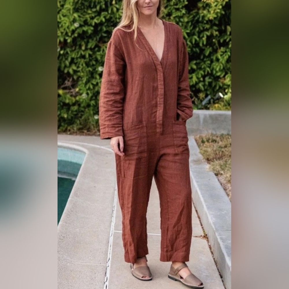 Zara The Veronica All Over Terracotta Linen Jumpsuit for Women